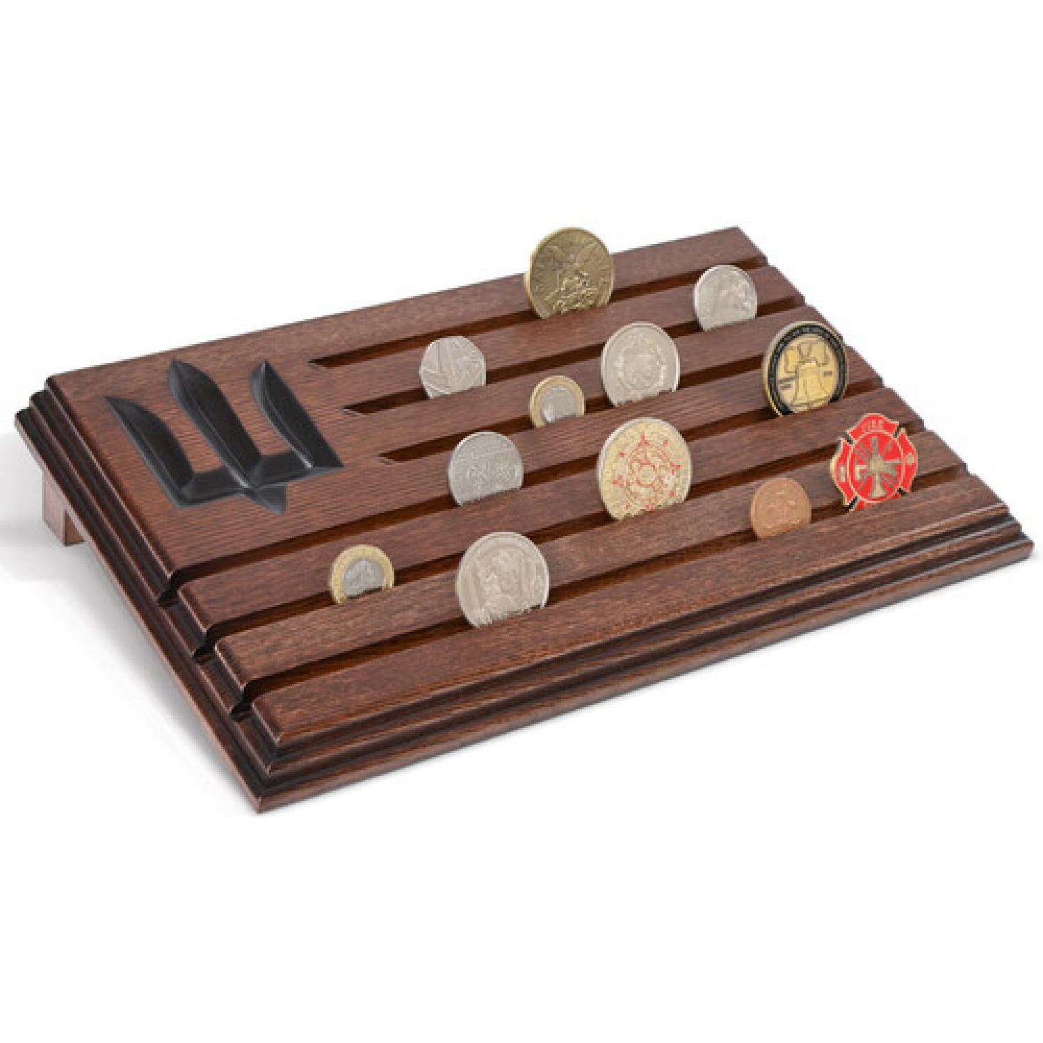 Медальница подставка для коллекционных монет и медалей с гравировкой Трезубец ЗСУ деревянная коричневая