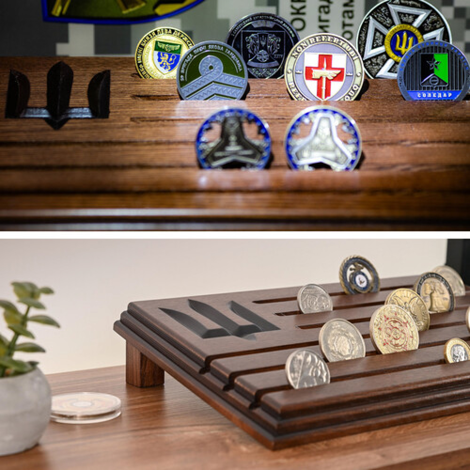 Медальница подставка для коллекционных монет и медалей с гравировкой Трезубец ЗСУ деревянная коричневая