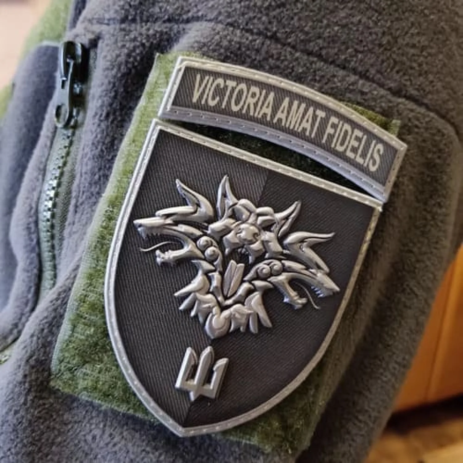 Шеврон 38 ОБрМП Victoria amat fidelis об'ємний олива