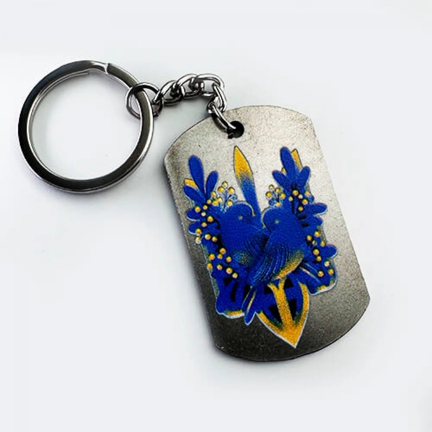 Брелок металевий з друком жетон 2 горлиці