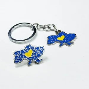 Набор значок + брелок карты Украины, желтое сердце